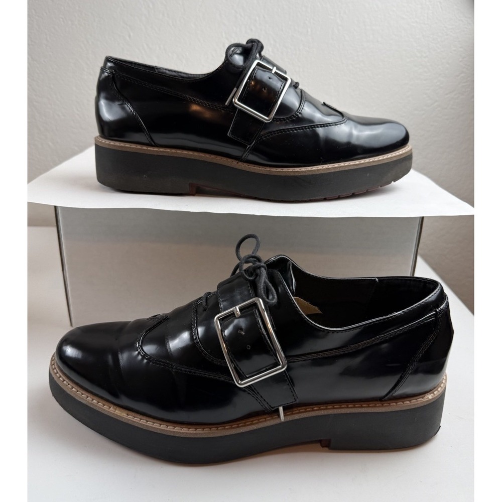 Zara Womens Black Patent Leather Chunky Platform Oxford Buckle Shoe Sz 40/9-9.5